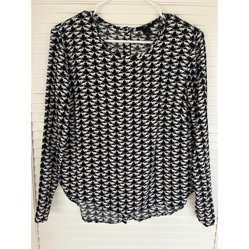 HM Womens Black White Animal Print Button Back Long Sleeve Blouse Size 6